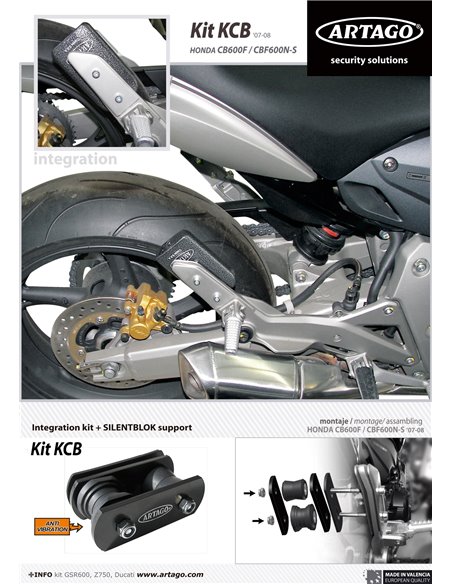 Soporte Artago de Candado 69T / 69X para Honda CB600F, CBF600 '07 y CBR600F '11